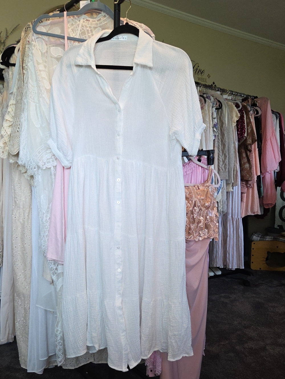 White Button-Front Tiered Shirt Dress - Lightweight Cotton
